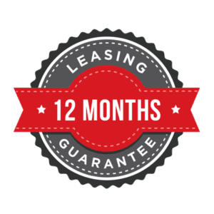 This grey and red leasing guarantee badge demonstrates the high-quality property management Hoffman Realty offers to homeowners. This grey and red leasing guarantee badge demonstrates the high-quality property management Hoffman Realty offers